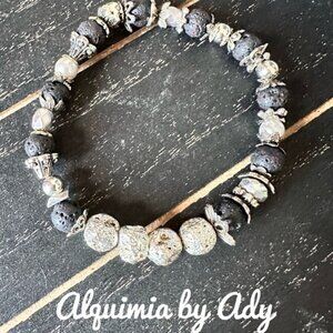 GOTH + silver  lava rock hand crafted beaded bracelet